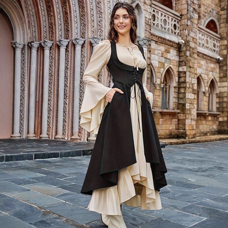 亚马逊速卖通女式文艺复兴时期服装下胸围海盗农民高低连衣裙带口