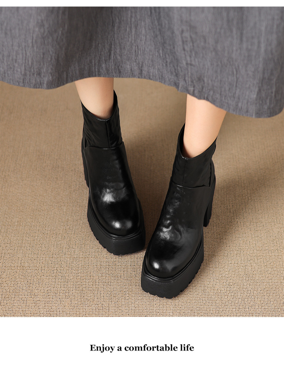 Boot Martin nữ gót thô 12cm đế platform tăng chiều cao, da bò thật — Lớp lót đơn màu đen, Lớp lót đơn màu nâu, Lót nhung đen, Lót nhung màu nâu
