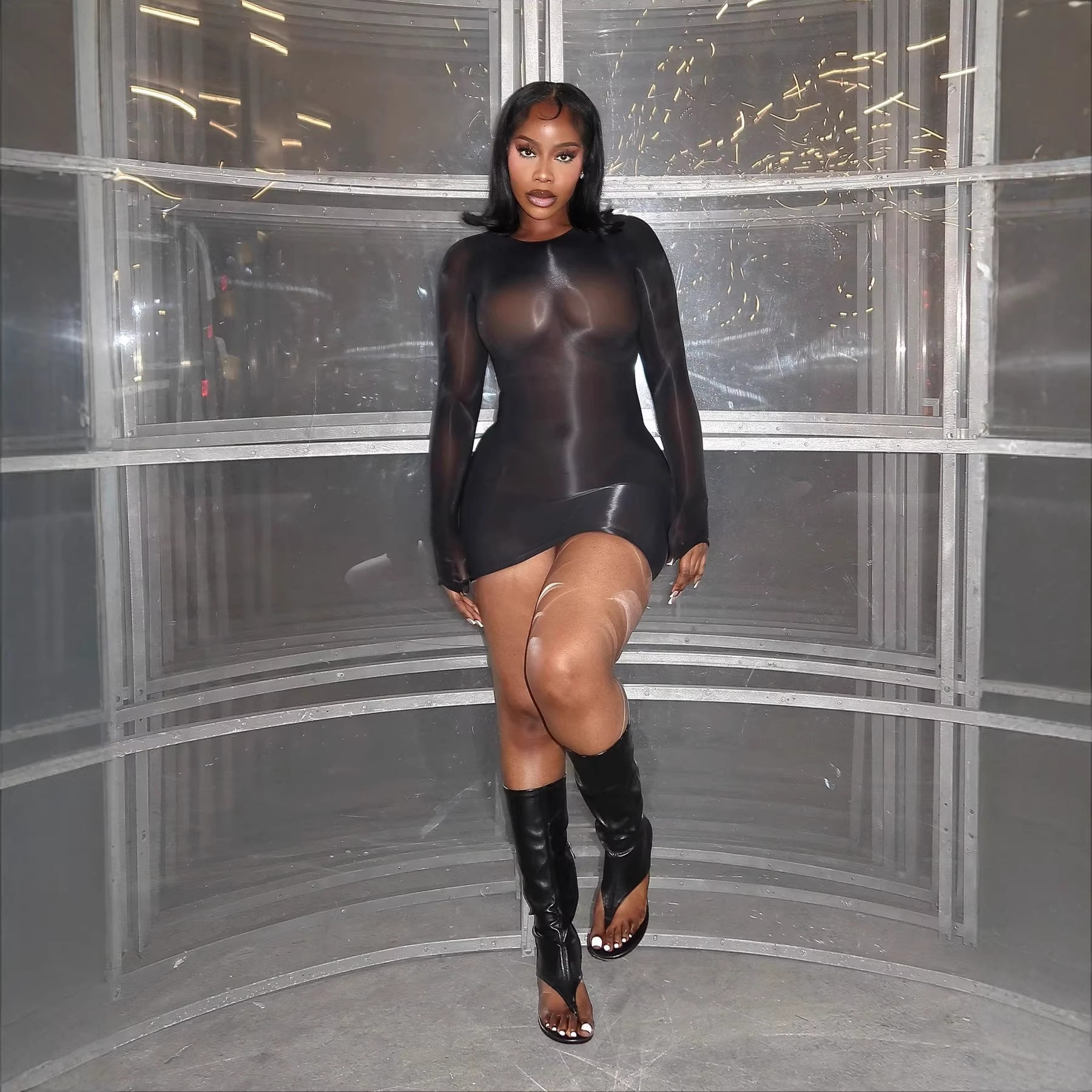 FF1472 欧美女装 性感超弹油光身体袜裙夜店性感透视裙