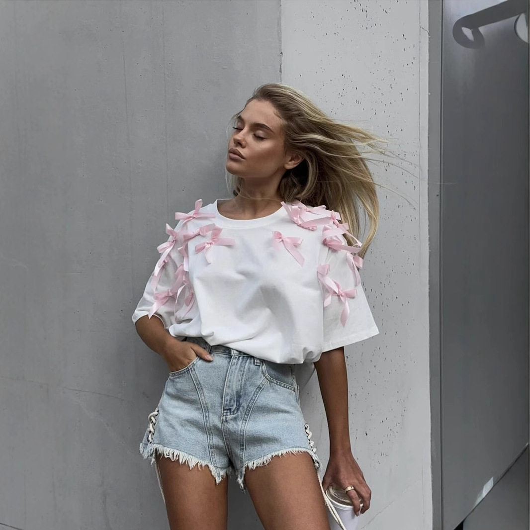 Loose Fit Short Sleeve T Shirt Cute Ribbon Bow Design Soft Cotton Fabric Casual Style Perfect for Everyday Wear