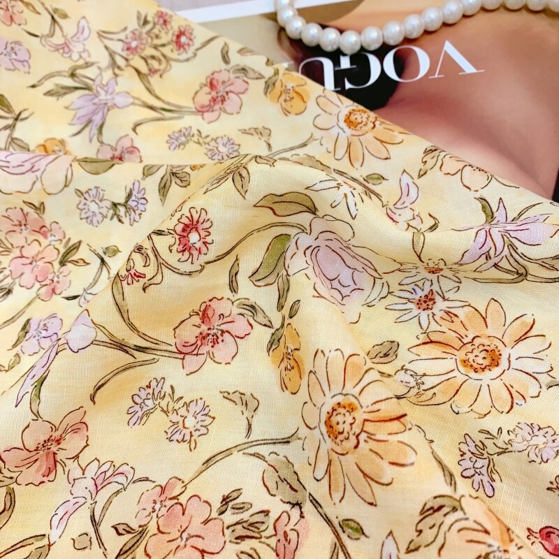Đầm hoa nhí dáng dài cổ tròn tay bồng chiết eo phong cách thanh lịch — Váy liền màu đỏ, Váy liền màu vàng, Váy liền màu xanh dương
