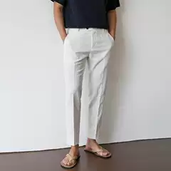 Men's White Linen Cotton Blend Cropped Pants, Casual Breathable Suit Pants, Straight-Leg, Plus Size