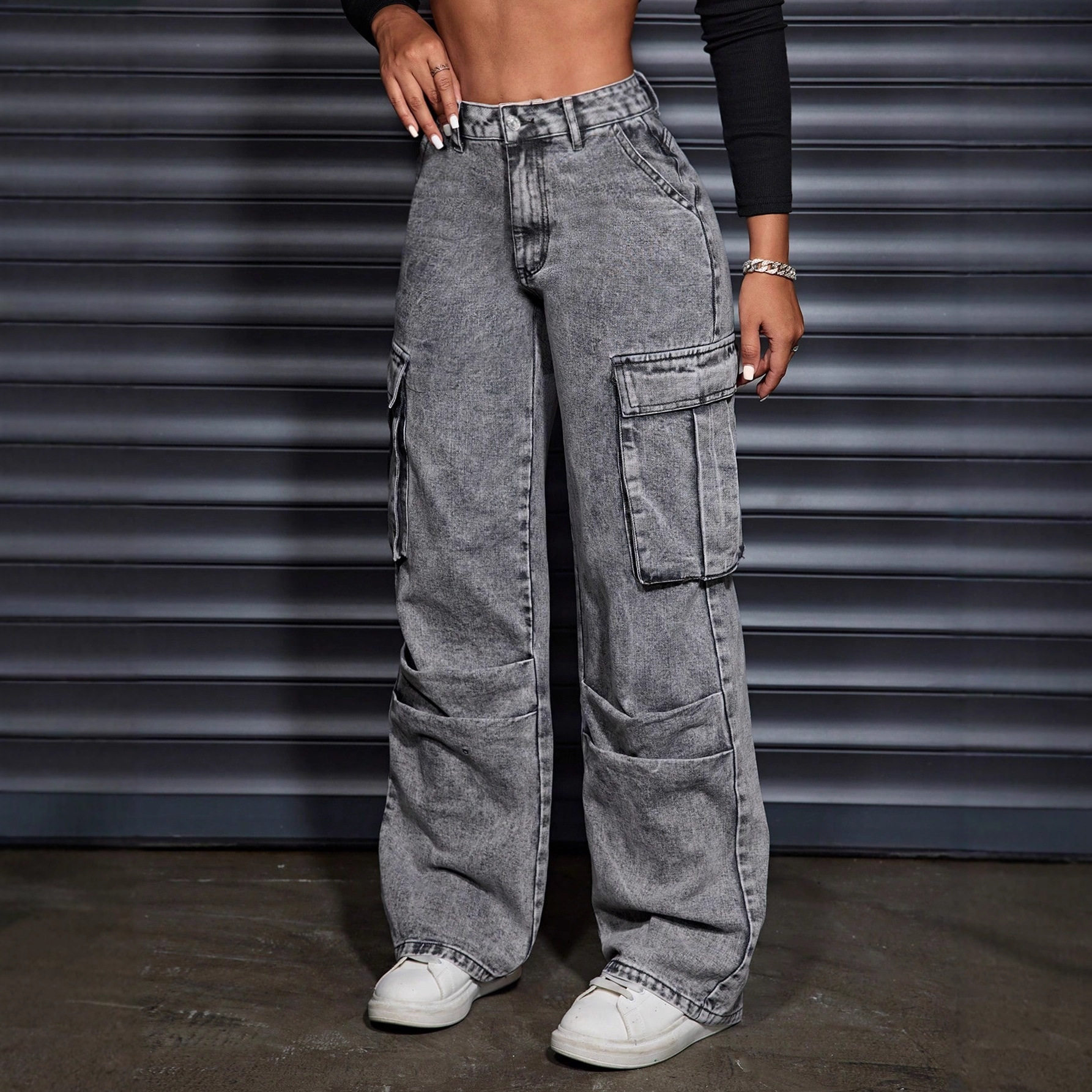 Womens High Waisted Denim Trousers Pocket Design Trendy Street Style Casual Wear Wholesale Available