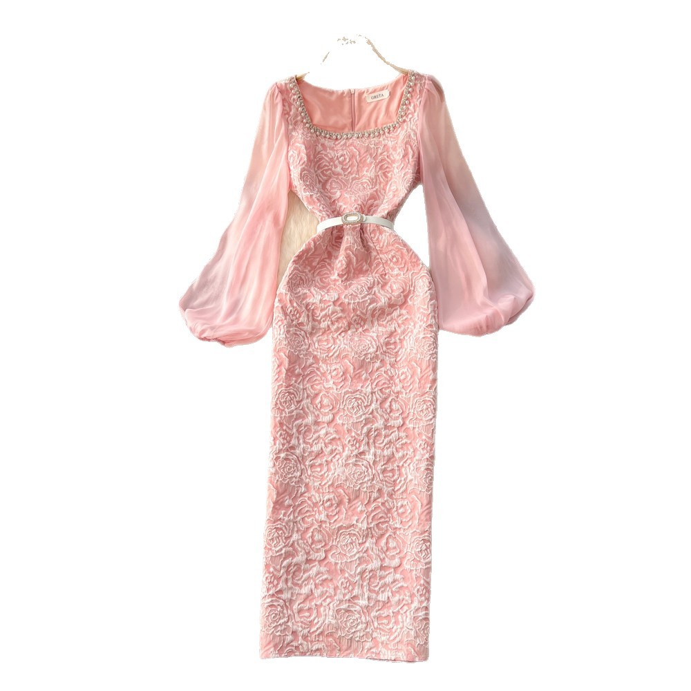 Elegant Purple Lace Dress for Women Puff Sleeve Slim Fit Diamond Accents Midi Length Perfect for Parties and