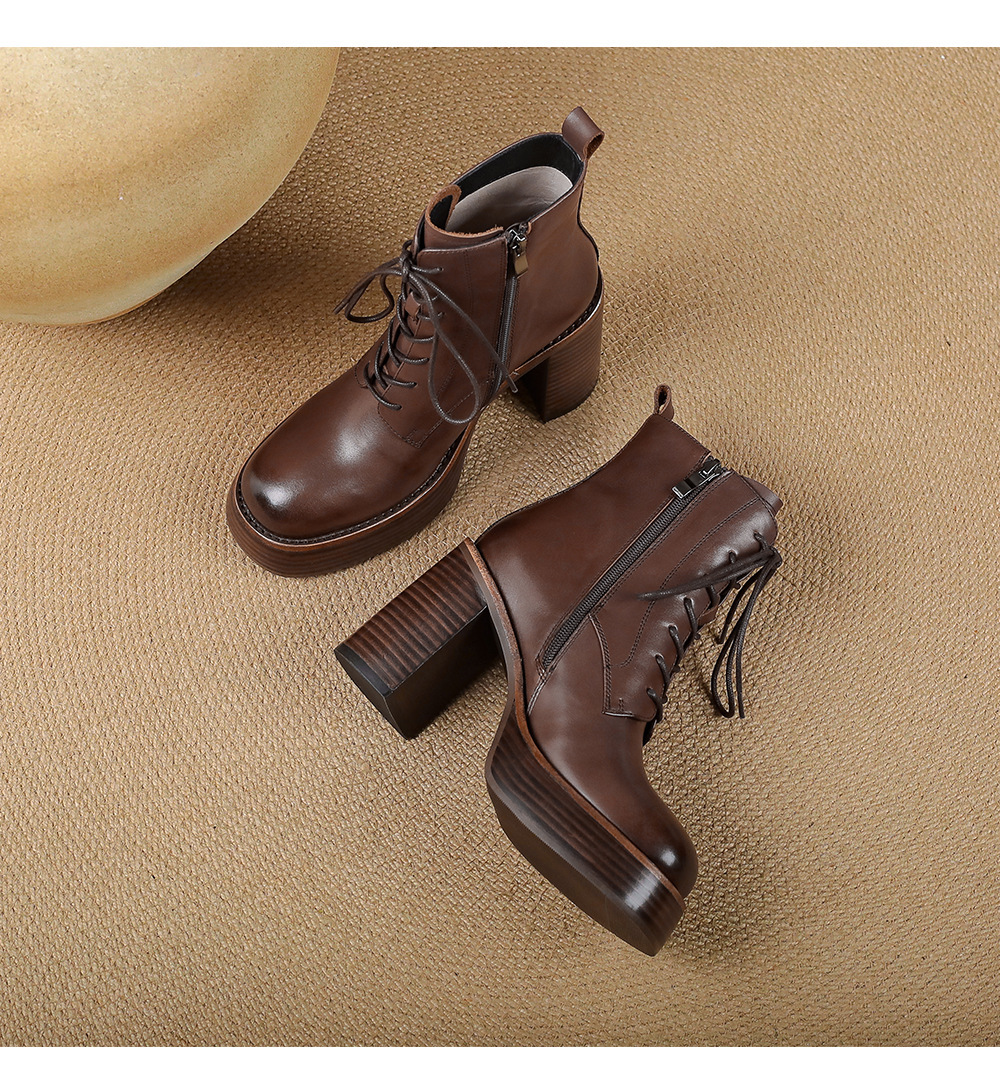 Boot Martin nữ đế dày gót thô buộc dây tăng chiều cao mũi tròn da bò thật — Lớp lót đơn màu nâu, Lớp lót nhung màu nâu, Màu đen một lớp, nhung đen