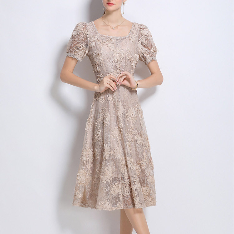 French Elegant Summer Dress Embellished with Beads and Sequins Square Neck Puff Sleeves Fitted Waist Lace Long Gown