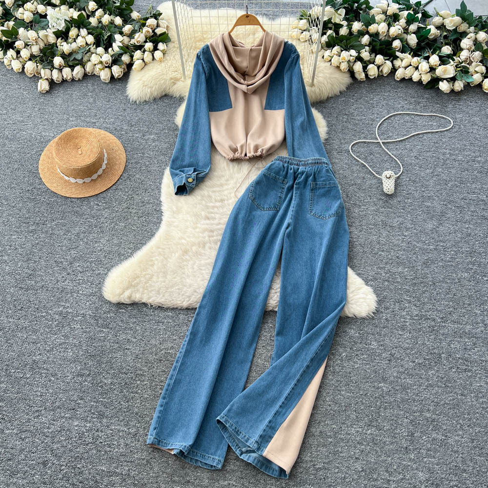 Womens Vintage Loose Fit Denim Hoodie and High Waisted Wide Leg Pants Set Casual Style for Fall Winter Wholesale