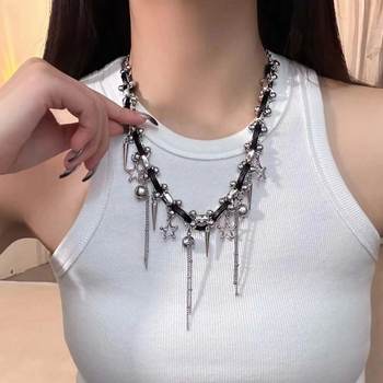 Sweet cool tassel rivet beaded stitching collar female niche design high-grade sweet cool hot girl style necklace necklace