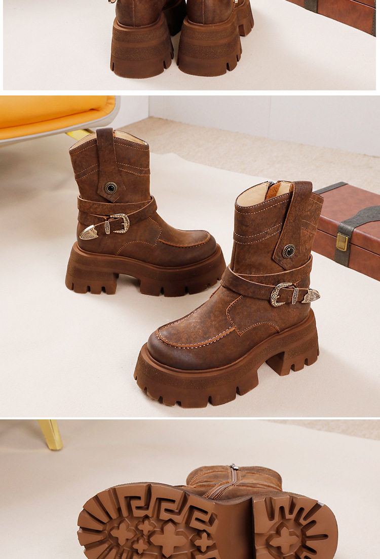 Boot Martin nữ cổ ngắn da bò thật khóa kim loại đế dày