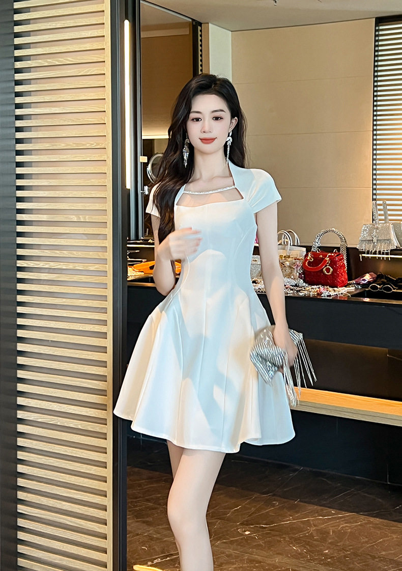 Đầm suông nữ midi cổ vuông phong cách Pháp tay ngắn — [Trắng] chi tiết 6
