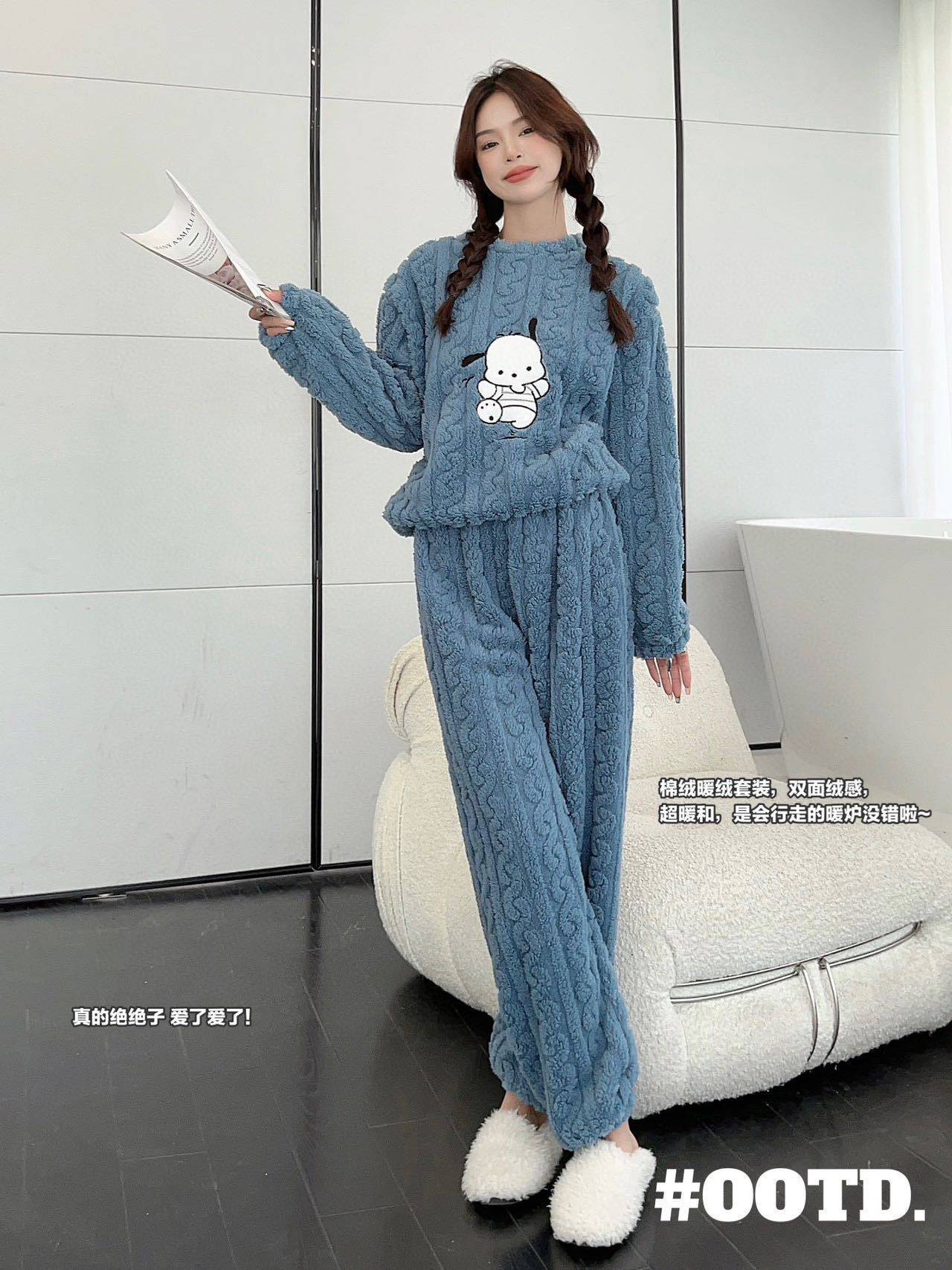 珊瑚绒睡衣女冬季加绒加厚提花长袖家居服两件套秋冬宽松暖暖套装