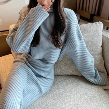 2025 New Autumn and Winter Lazy Style Turtleneck Sweater Women's Age-Reducing Slim Two-Piece Set Thickeneded Pullover Knitted Skirt Suit