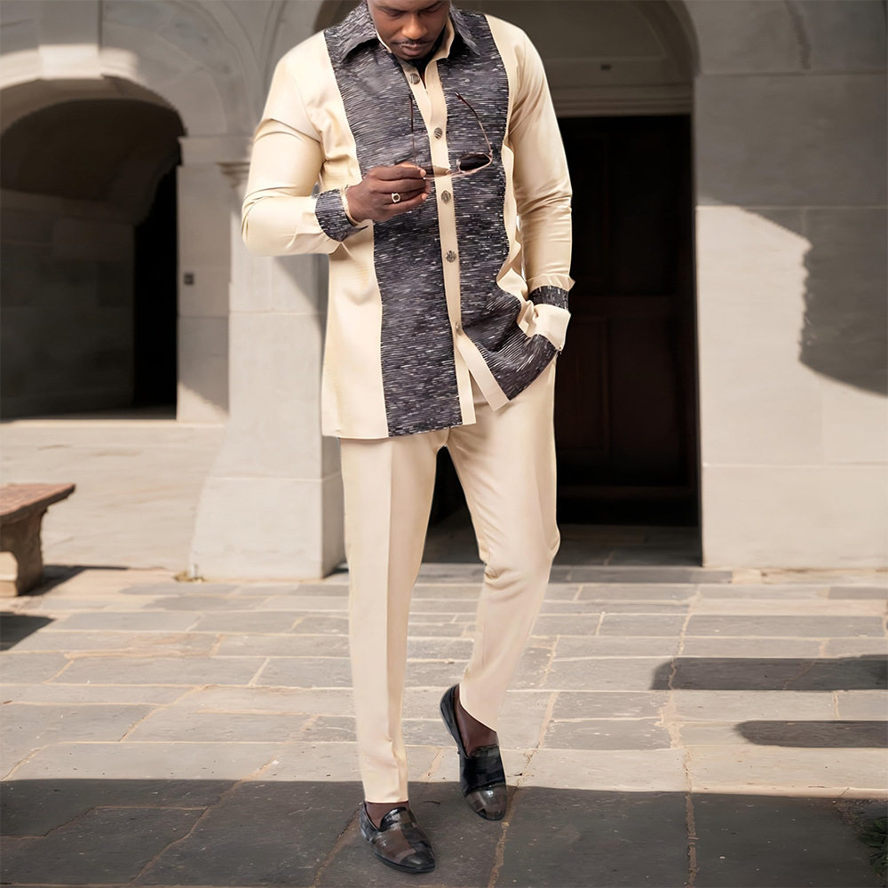 传统外贸非洲风格男士结婚新西装2件套圆领长袖上衣加裤子外贸