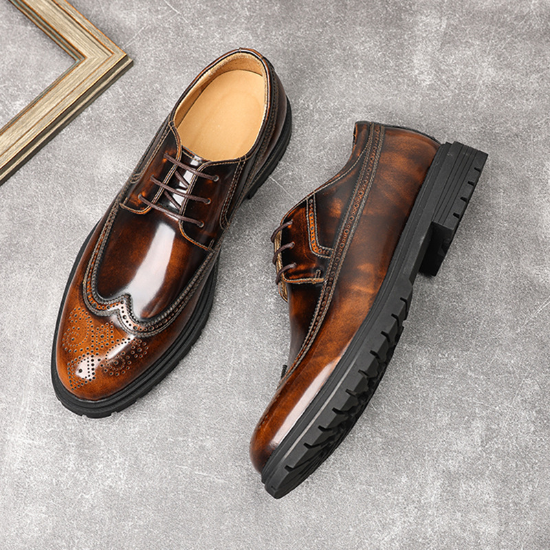 Giày Oxford nam da bò thật bề mặt bóng, đế cao su dày, kiểu brogue lịch lãm — Màu đen, Màu vàng nâu