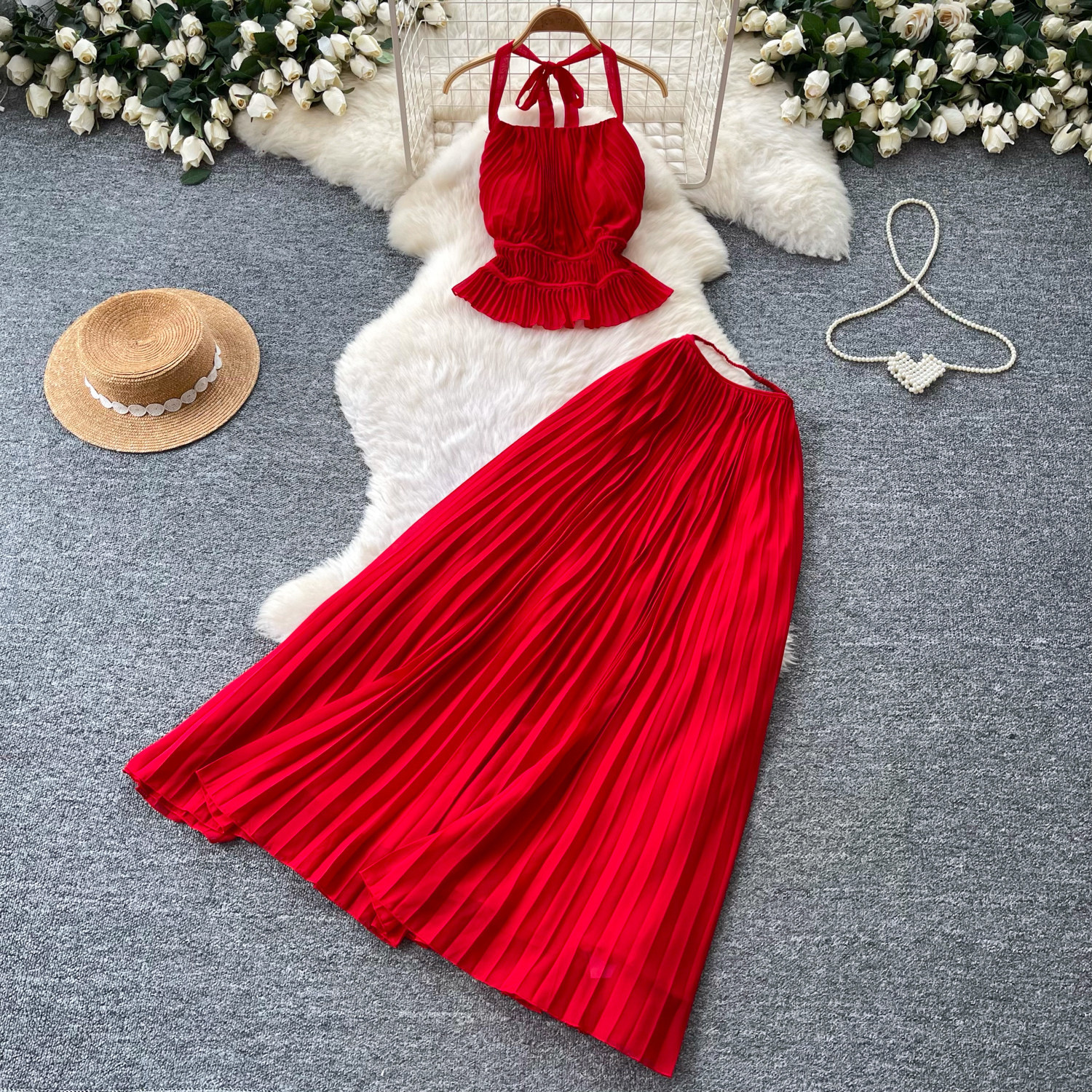 French Vacation Style Halter Neck Crop Top and Backless High Waisted Pleated Skirt Set Summer Fashion Slim Fit Elegant