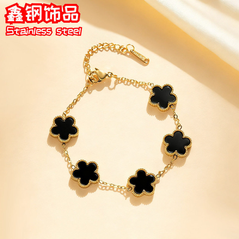 Cross-Border Hot-Selling 13mm Double-Sided Chain Four-Leaf Clover Five-Flower Bracelet, Fashionable and Versatile, Light Luxury, High-End Gold Titanium Steel