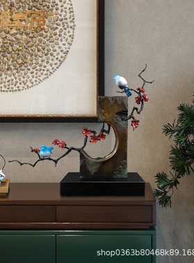 轻奢雕塑黄铜腊梅花鸟摆件新中式客厅公室玄关软装家居工艺品