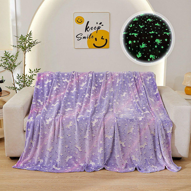 New Luminous Rainbow Unicorn Pegasus Star Flannel Coral Velvet Blanket Bedroom Dormitory Office Multi-Function