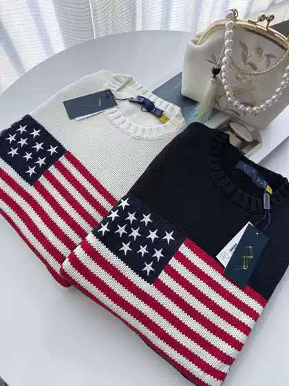 Rl/Scanable 2025 New Autumn and Winter Pure Cotton Heavy Embroider American Flag Round Neck Knitted Sweater for Men and Women