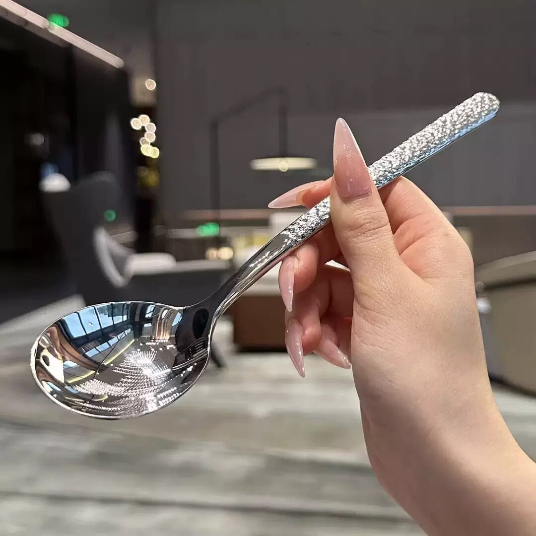 Stainless Steel Spoon Net Red Stone Pattern Spoon Household Dining Spoon Dessert Spoon Korean Long Handle Crack Spoon Spoon Spoon Spoon