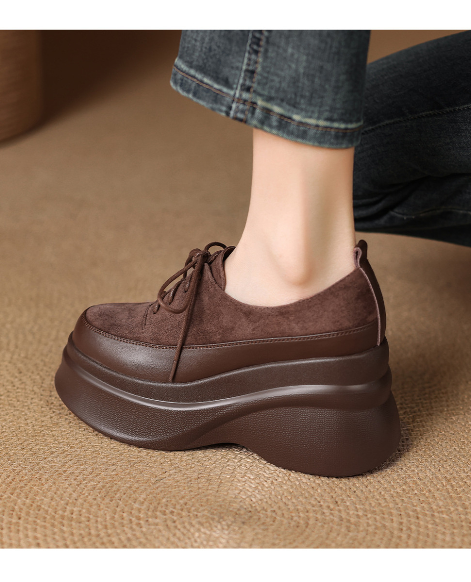 Giày lười nữ đế bánh mì gót xuồng 9cm da lộn cừu buộc dây — màu đen, Màu nâu
