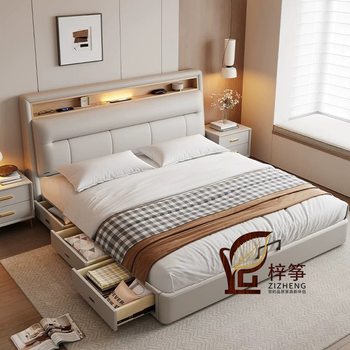 Genuine Leather Bed, Modern and Simple Master Bedroom, High-End and Atmospheric Double Bed, Cream Style Drawer Storage, Multi-Functional Wedding Bed with Lights