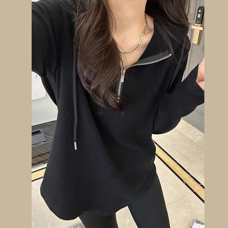 Maternity clothes cotton shoulder long-sleeved T-shirt Women's Spring and Autumn Mid-length plus size niche top zipper hooded bottoming shirt