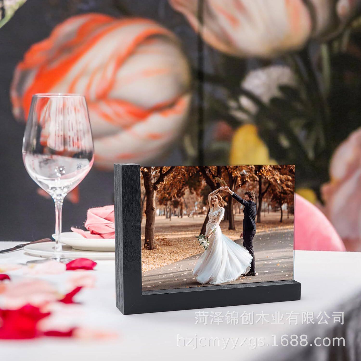 Cross-border wooden photo frame black wooden L-shaped base creative with glass double-sided display photo picture decoration