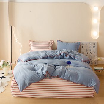 2023 new home textile protein Cotton Cloud velvet skin-friendly washed cotton dopamine striped contrast color shell embroidery four-piece set