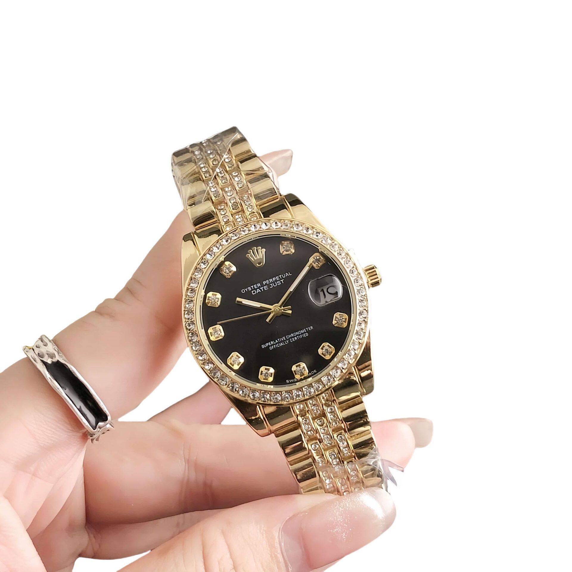 Korean-style business women's trendy fashion neutral watch round diamond large dial women's watch diamond steel band women's watch