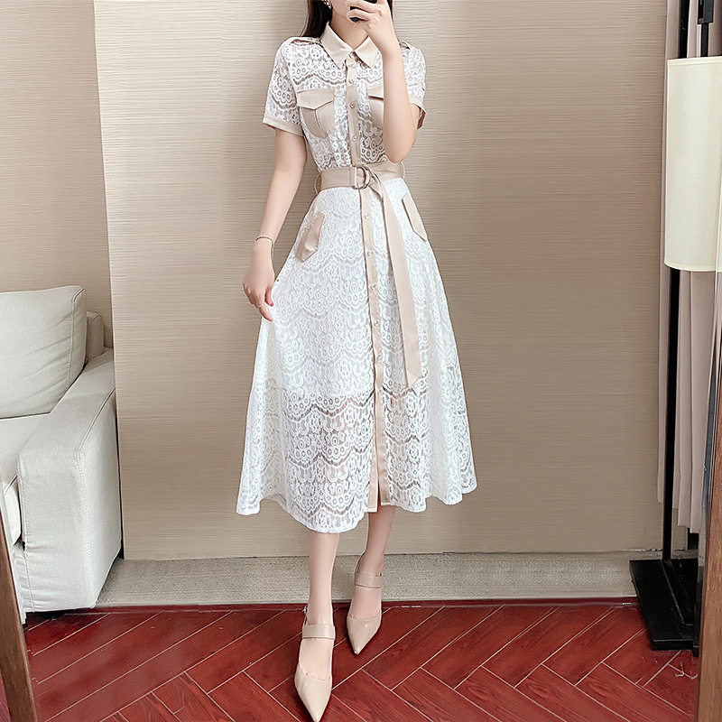 Set Áo Ren Tay Ngắn và Chân Váy Midi Phong Cách Hepburn Thanh Lịch Màu Trắng, Kem