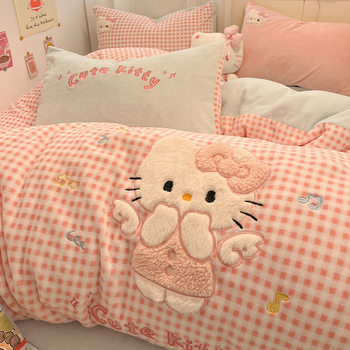 Cute Kitty Cat Milk Velvet Bed Four-Piece Winter Double-Sided Fleece-Lined Coral Velvet Quilt Cover Bed Bed Sheets Three-Piece Set 4