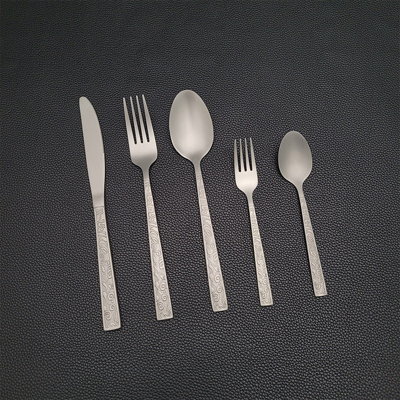 Factory Direct Sales Stainless Steel Titanium Purification Knife, Fork and Spoon Persian Pattern High-End Western Tableware Steak Knife and Fork Five-Piece Set