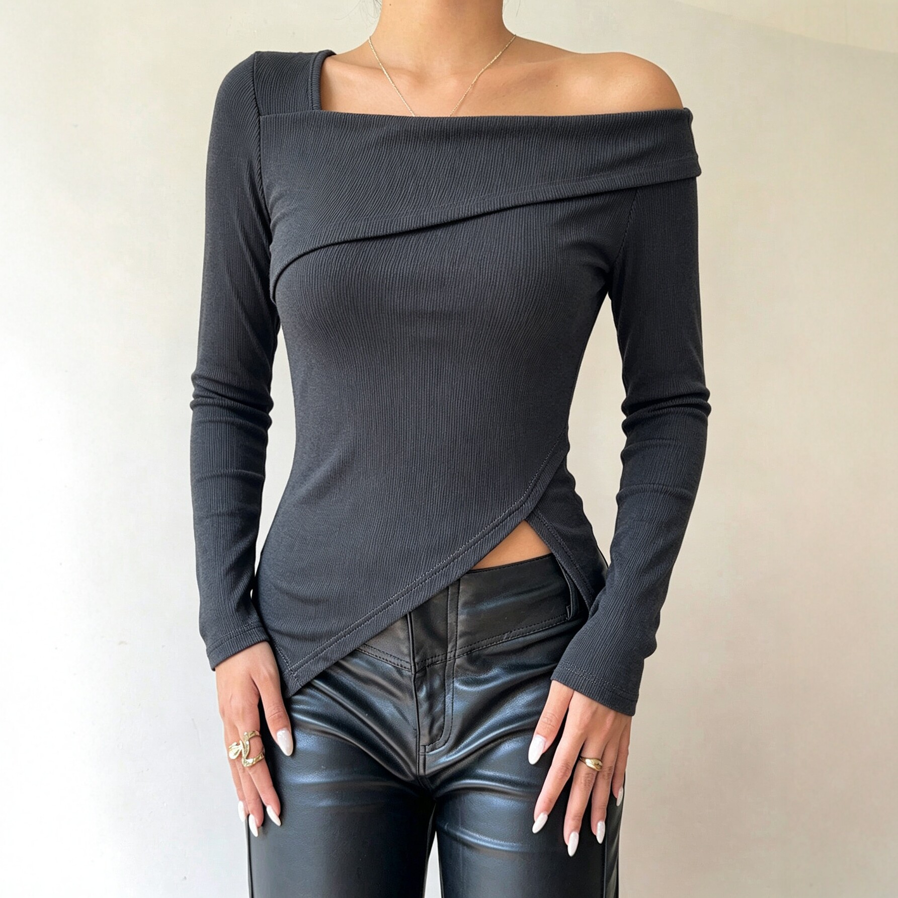 Asymmetrical Cutout Long Sleeve T Shirt for Women Slim Fit Off Shoulder Trendy Design Casual Wear Party Style