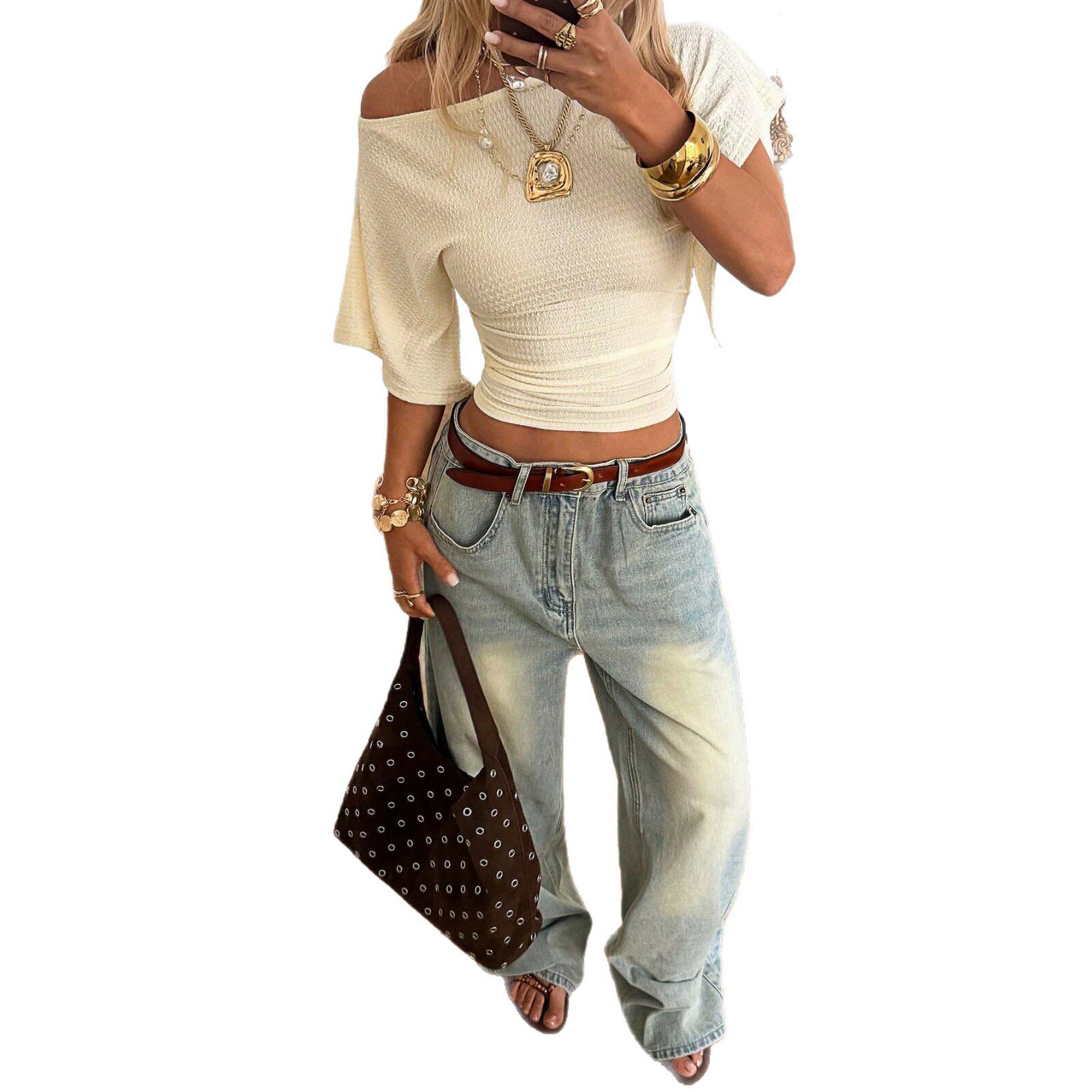 Summer Womens Off Shoulder Top Textured Fabric Flared Sleeves Slim Fit Casual Wear for Everyday Wholesale Available