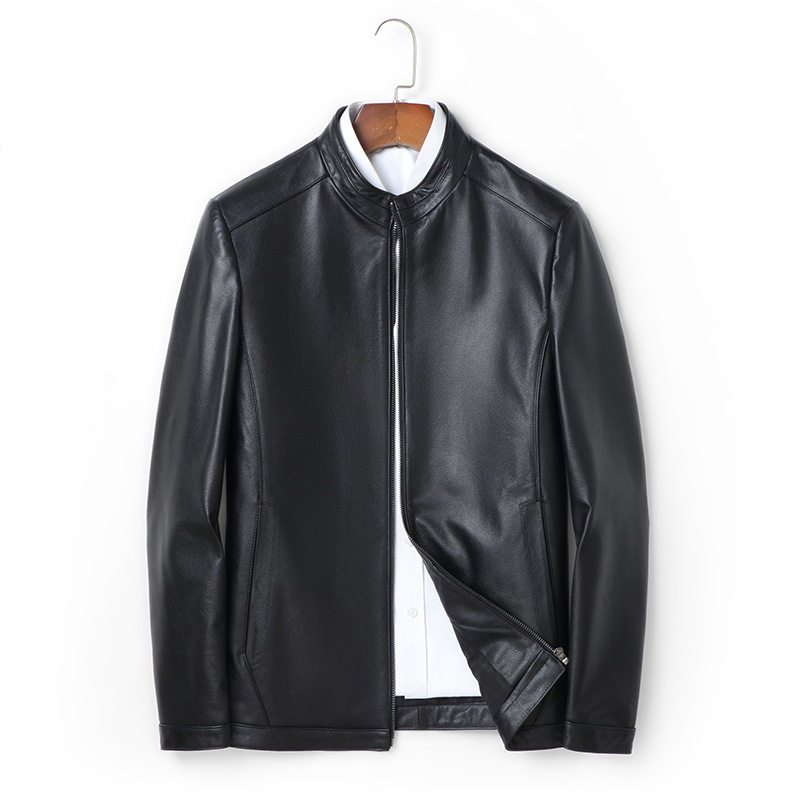 Áo Khoác Da Bò Nam Cổ Trụ Khóa Kéo Phong Cách Business Casual Màu Đen