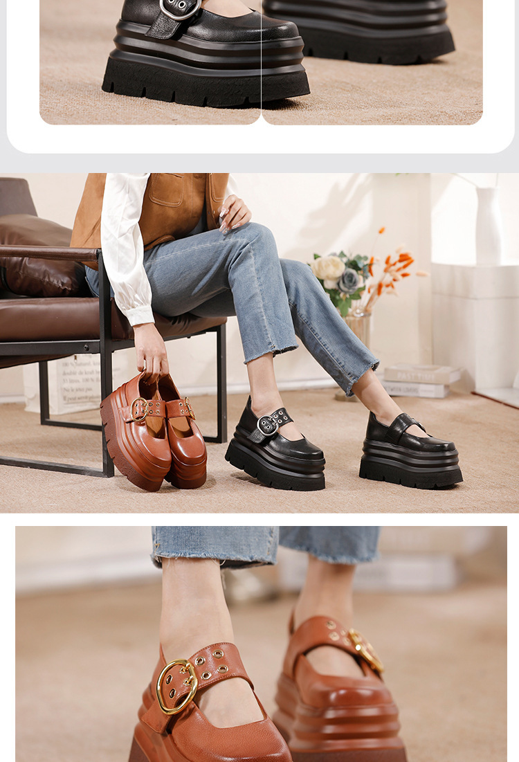 Giày nữ đế dày phong cách cổ điển mũi tròn da bò thật quai ngang mềm êm — màu đen, Màu nâu