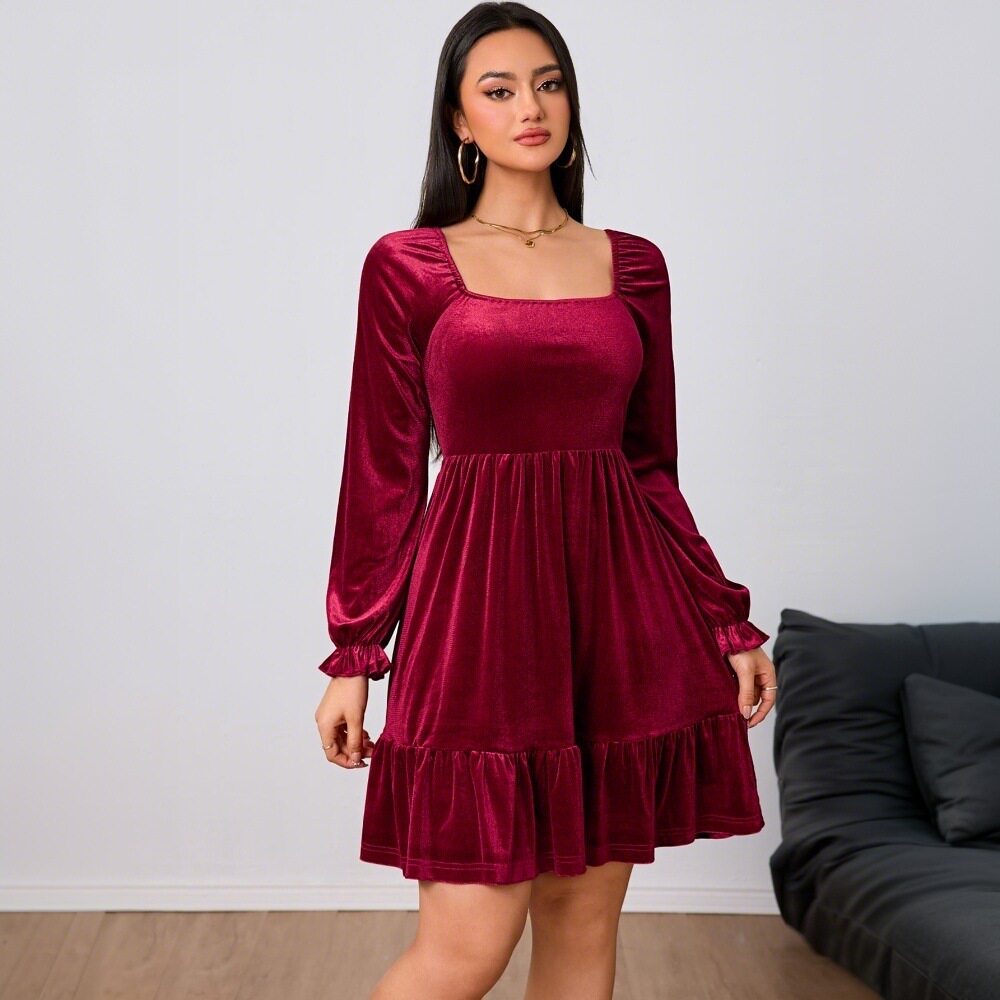 French Style Velvet Midi Dress Elegant Burgundy Color Spring Summer Collection Wholesale Available