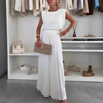 Cross-border 2025 Foreign Trade Women's Fashion suit Round Neck Sleeveless Top Pleated Wide Leg Pants Two-piece Casual suit