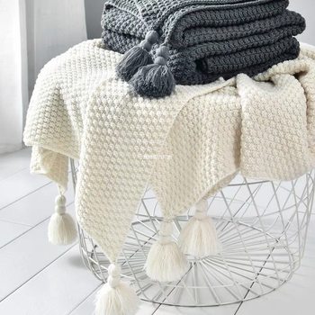 Scandinavian Style Sofa Blanket Office Nap Blanket Tassel Knitted Ball Wool Casual Air Conditioning Small Blanket Spring & Fall