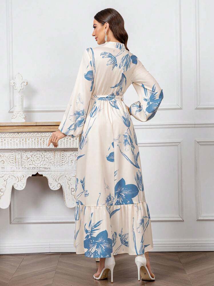Modelyn Womens Floral Print Stand Collar Lantern Sleeve Ruf