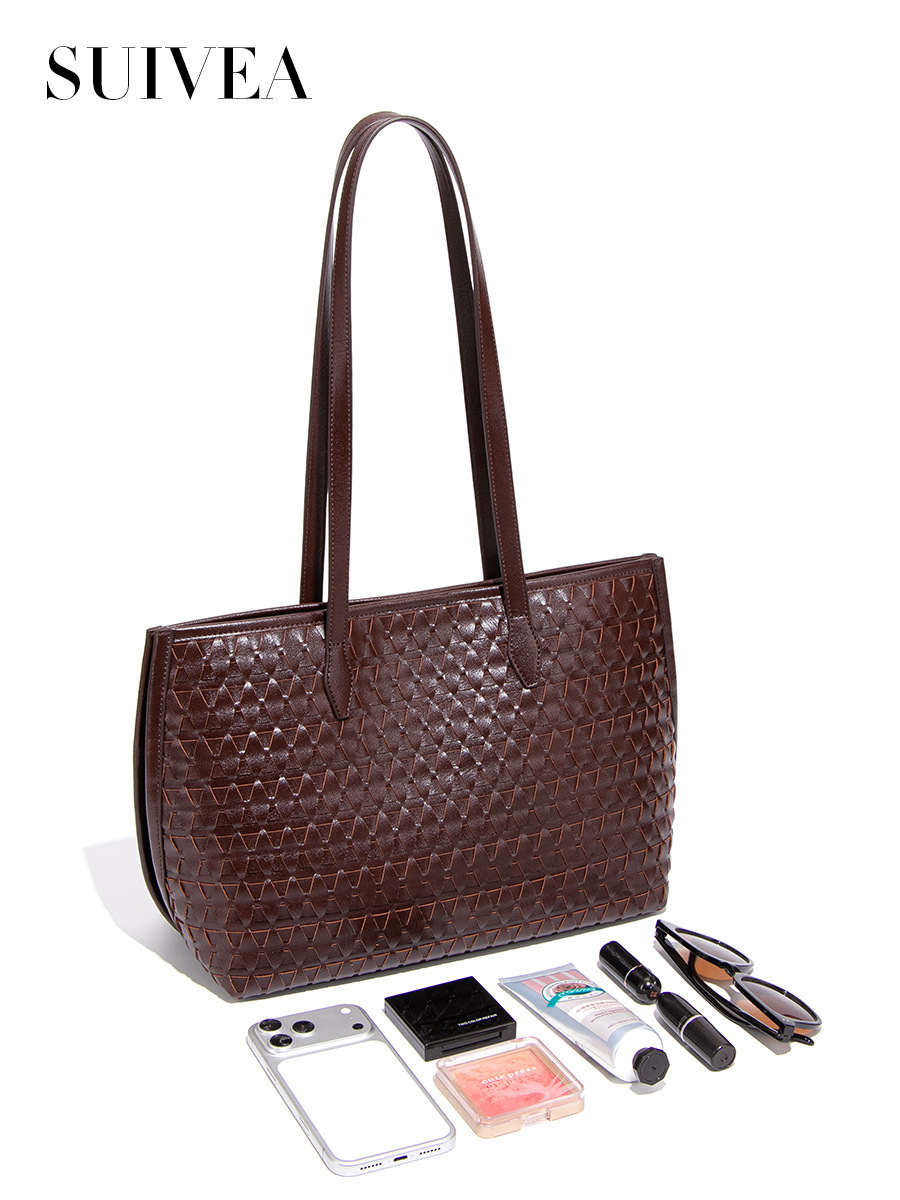 Túi tote nữ cỡ lớn dáng vuông đan lát phong cách tối giản — B2735 # màu đen, B2735 # Màu nâu nhạt, B2735 # Sô cô la, Nhà máy riêng, có thể tùy chỉnh theo yêu cầu.