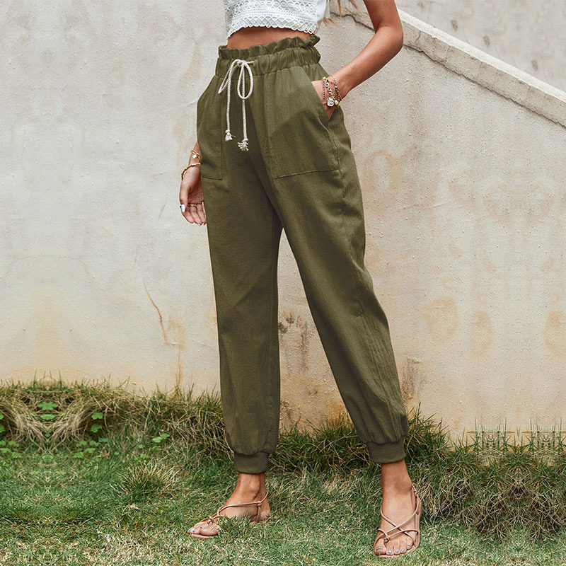 Casual Cotton Linen Jogger Pants Solid Color Drawstring Straight Leg Stylish for Everyday Wear Wholesale Available