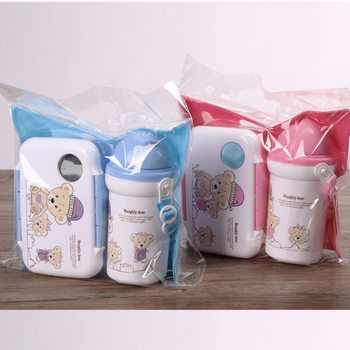 Bear children cartoon lunch box with 500ml straw kettle plastic lunch box with water cup suit wholesale