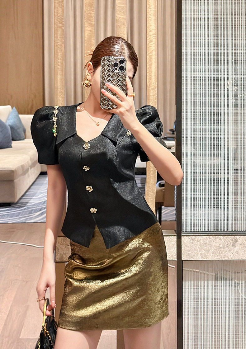 Áo thun nữ cổ V tay bồng phong cách Pháp — [Đen] chi tiết 6