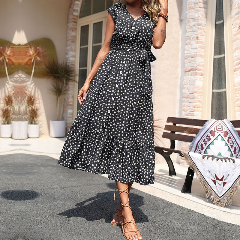 Summer Floral Print Black Sleeveless Dress Elegant Design Comfortable Fabric Versatile Style Wholesale Available