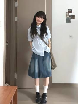 Xiao Qi's New American-Style Distressed Mid-Length Denim Skirt Retro Pleated Light Blue Shirt Two-Piece Suit for Women