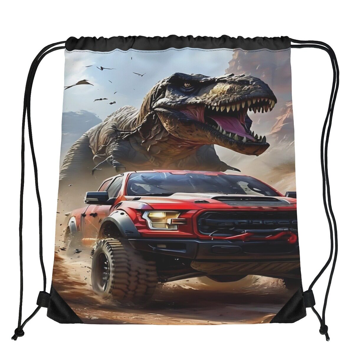 T-Rex with red truck drawstring gym bag backpack, sports bac...