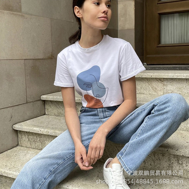 Abstract Aesthetic Printed T Shirt for Women Soft Cotton Loose Fit Basic Style Summer Casual Wear Wholesale