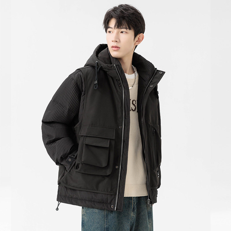 Workwear Design down Jacket Men's Winter Loose Warm Fake Two-Piece Stereo Bag 85 White Duck down Hooded down Jacket